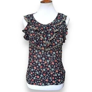 🍀Leifsdottir Womens Blouse Blue Floral Rayon Sleeveless Ruffle Zip Boho 2